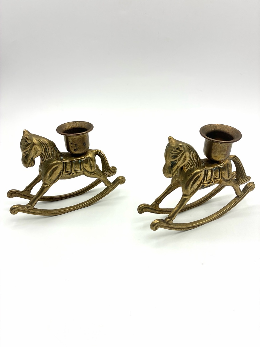 Vintage Brass Rocking Horse Candle Holders Pair Taiwan Mid Century Decor